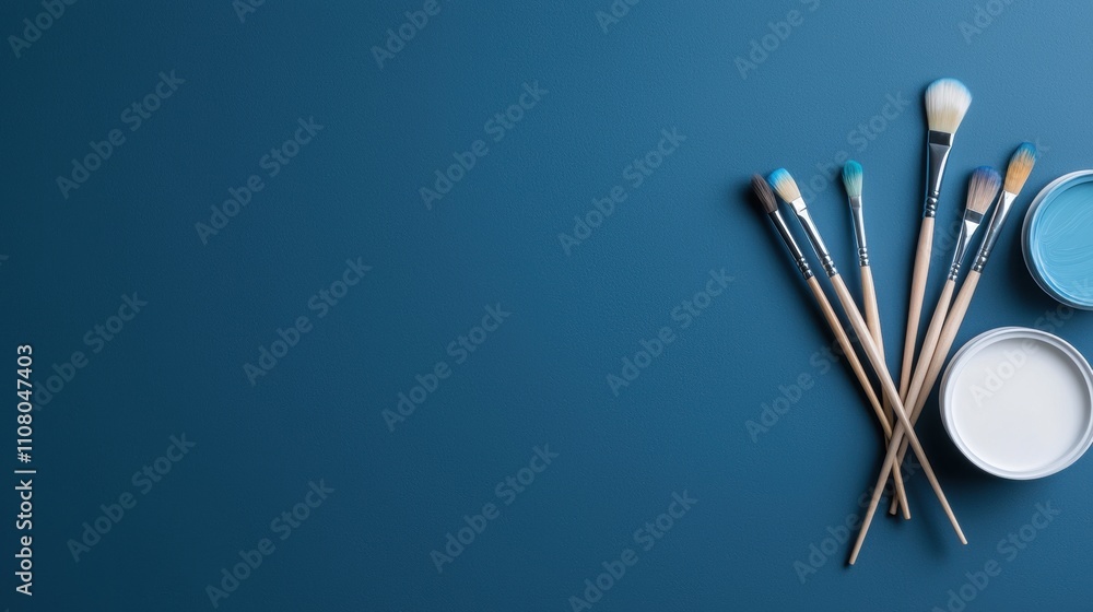 Group of paintbrushes and a small jar of blue paint on a dark blue background. Group of paintbrushes and a small jar of blue paint on a dark blue background.