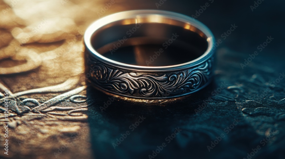 Ornate Silver Ring Rests On Dark Textured Surface Ornate Silver Ring Rests On Dark Textured Surface