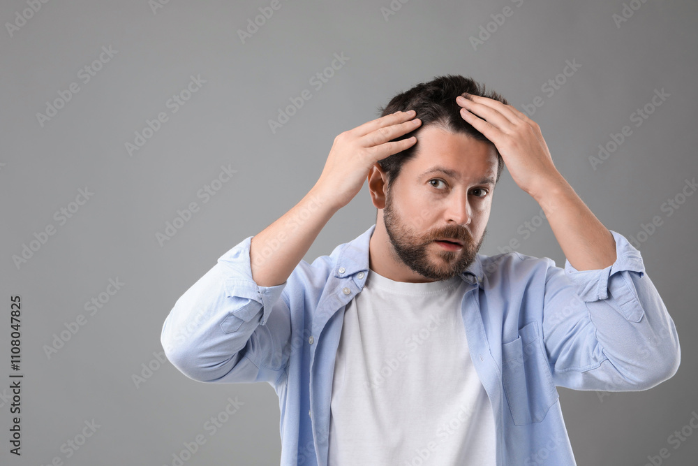 Man with hair loss problem on gray background, space for text Man with hair loss problem on gray background, space for text