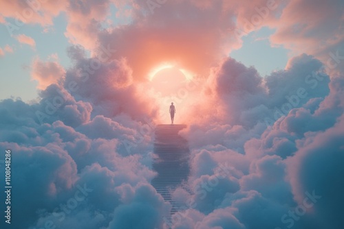 Mystic Journey Through Ethereal Clouds: An Imaginative Scene Featuring a Solitary Figure Ascending a Serene Stairway to a Celestial Realm Bathed in Soft Light and Vibrant Hues