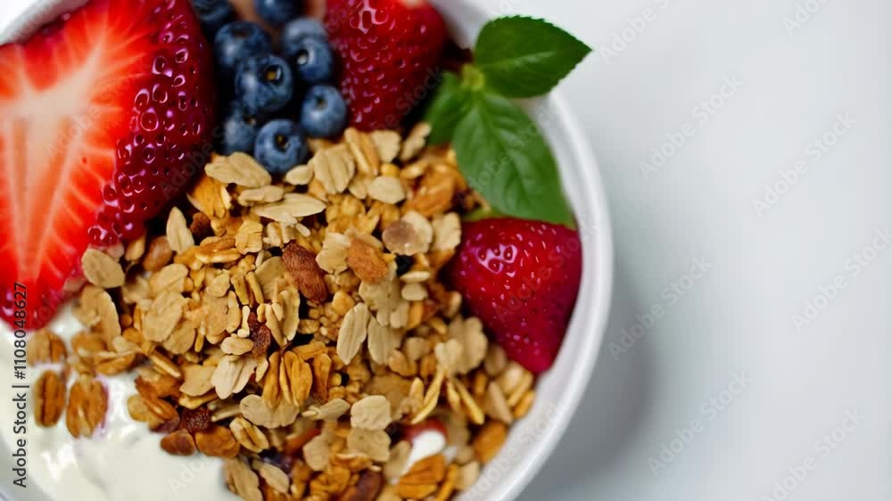 Fresh berry and granola bowl with strawberries and blueberries in a white ceramic dish Fresh berry and granola bowl with strawberries and blueberries in a white ceramic dish