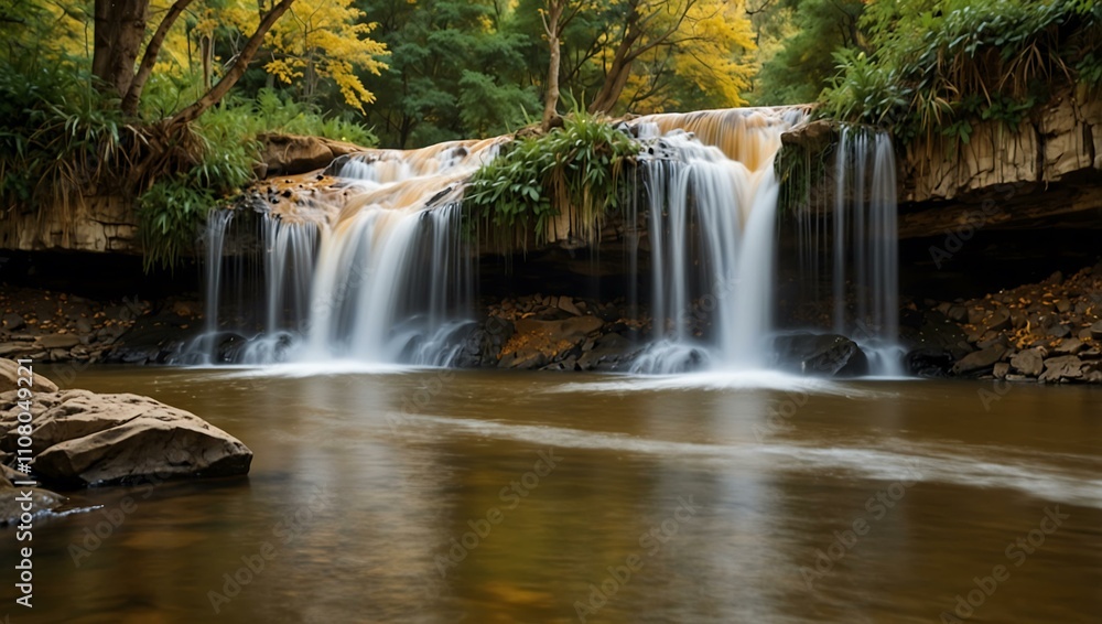 Obraz premium Natural golden waterfall view in a scenic landscape.