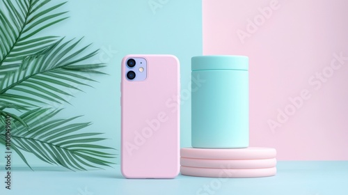 Wallpaper Mural Pink smartphone phone case on a light blue background with a green palm leaf on the left side. Torontodigital.ca