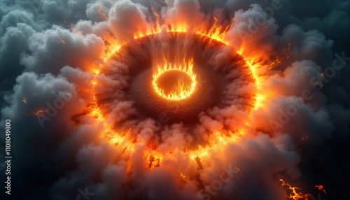 Fiery circular flames engulf central crater. Dense smoke billows around blazing ring. Inferno of intense heat, light. Powerful energy source. Dramatic display of fiery power. Nighttime scene.