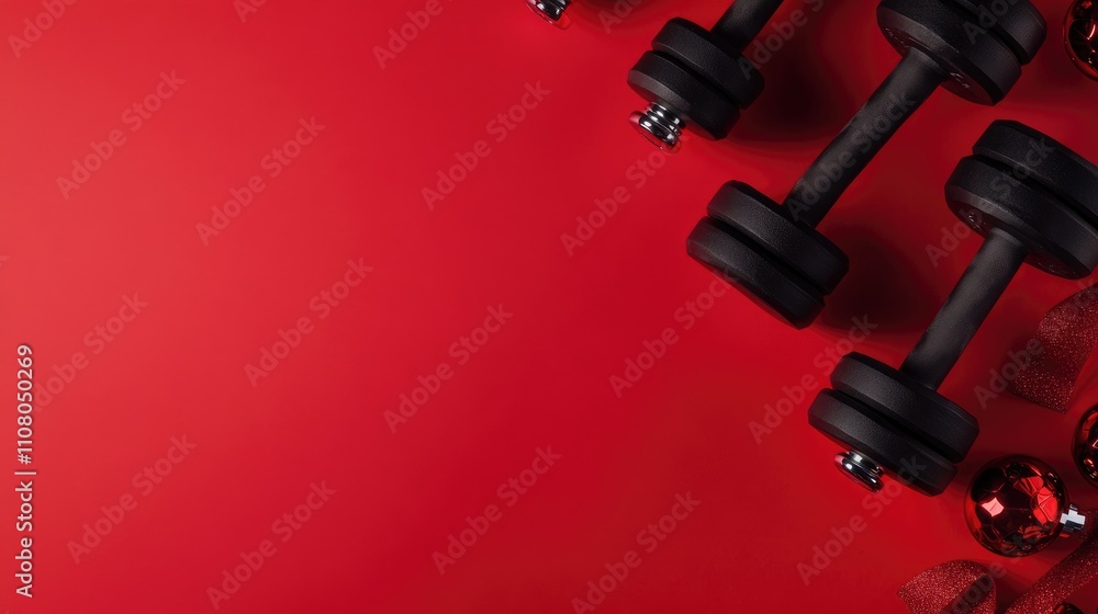 Pair of dumbbells with Christmas decorations on a bright red background Christmas toys Christmas tree toys Pair of dumbbells with Christmas decorations on a bright red background Christmas toys Christmas tree toys