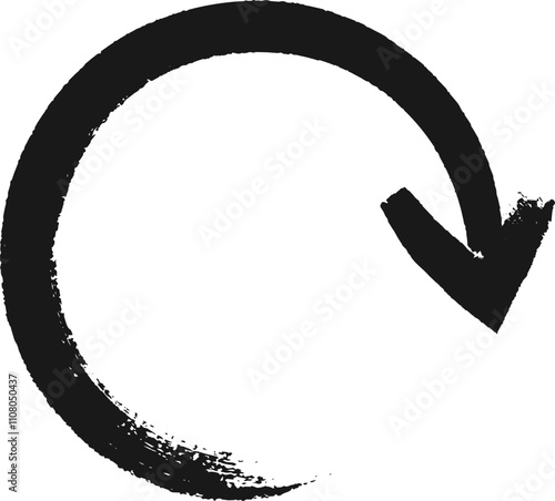 Hand drawn black circular arrow points downwards in a continuous loop, symbolizing cyclical processes and infinite flow on a white background