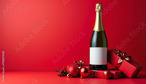 A vibrant red background features a champagne bottle, wrapped gifts, and ornaments, symbolizing holiday spirit and joyful new year celebrations._00001_