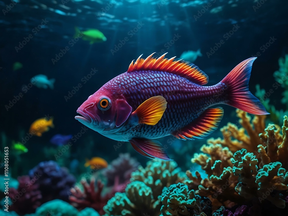 Fototapeta premium Neon fish swimming in a vibrant underwater scene.
