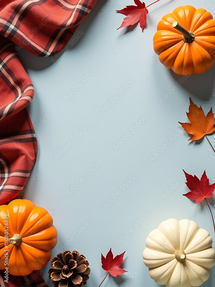 Fototapeta premium Cozy home scene featuring warm plaid, autumnal decorations such as pumpkins, pinecones, and leaves on a light gray background._00001_