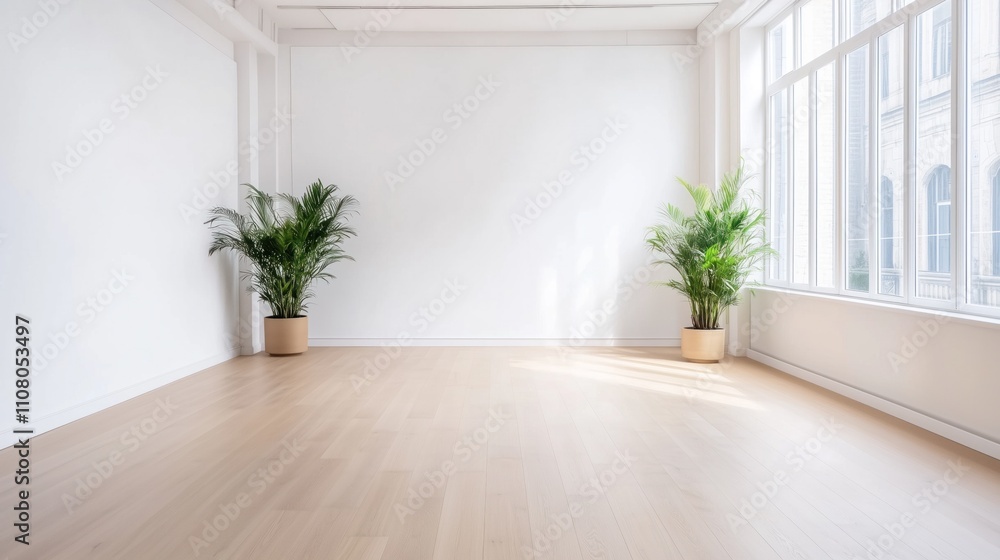 Fototapeta premium Bright and airy indoor space with two potted plants, showcasing natural light and minimalistic decor in a modern environment