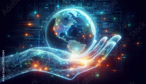 Wallpaper Mural Glowing Digital Hand Holding Illuminated Globe, Symbolizing Global Technology, Innovation, and Data Control in a Futuristic Environment Torontodigital.ca