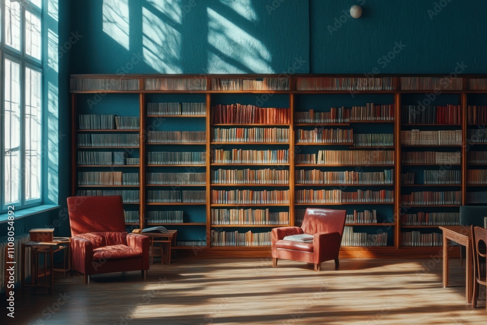 Sunlit Library Room With Bookshelves And Comfortable Chairs Sunlit Library Room With Bookshelves And Comfortable Chairs