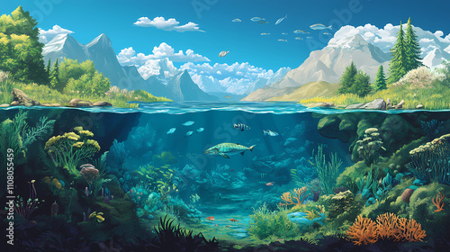 Detailed ecosystem view from terrestrial to underwater habitats. Aquatic. Illustration