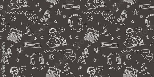 Radio doodle elements seamless pattern.Podcaster or blogger, microphone, retro transistor, headphones, stars, musical notes.White outlines icons on grey background.Vector graphic illustration.