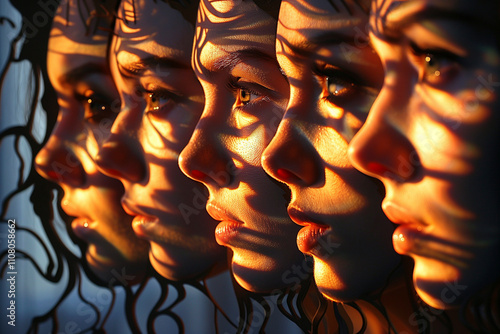 soul geometry. synergies of human mind. abstract portraits of people. woman's portrait, close up. double exposure with shadows, stripes. night photography with silhouette.  AI Generated photo