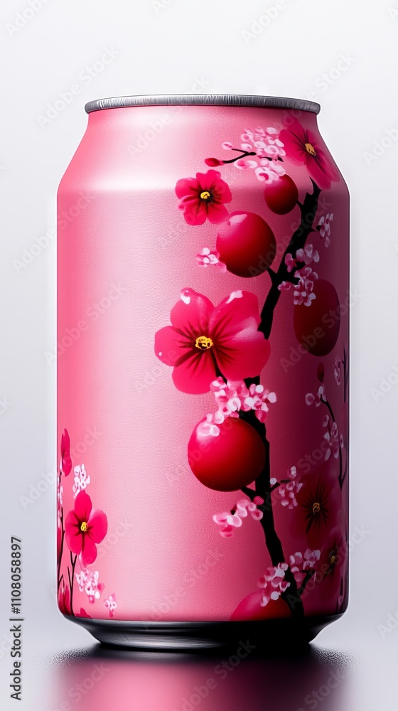 Obraz premium A can of pink soda with cherry blossom design on it
