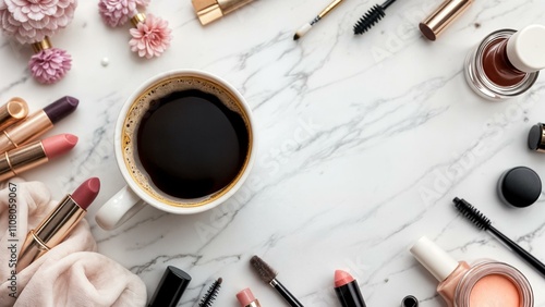 A coffee cup with a rich crema on top is in the center of the image, surrounded by cosmetics. The background features a marble countertop with beauty tools.