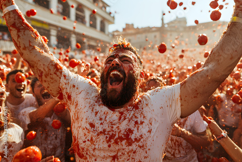 Ecstatic man at the La Tomatina festival, surrounded by flying tomatoes and a lively crowd, capturing the excitement and energy of the world-famous Spanish tomato fight photo