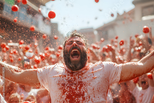 Ecstatic man at the La Tomatina festival, surrounded by flying tomatoes and a lively crowd, capturing the excitement and energy of the world-famous Spanish tomato fight photo