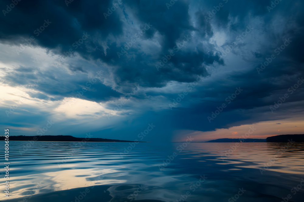 Obraz premium Ominous clouds over calm water, dramatic stormy sky amplifies scenes visual intensity