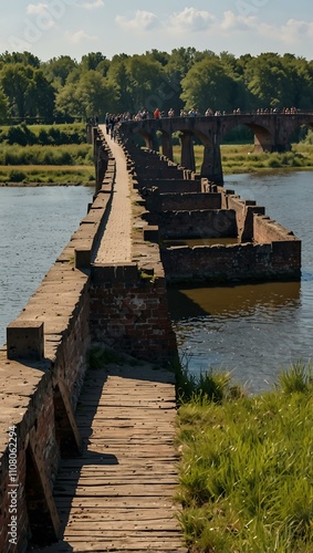 Old bridge over the IJssel near Zutphen with people enjoying the sun. photo