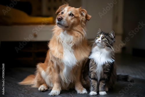 Golden dog and tabby cat sit together, curiously gazing in soft lighting photo