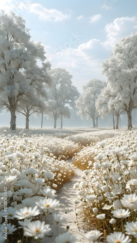 An abundance of white flowers with white trees