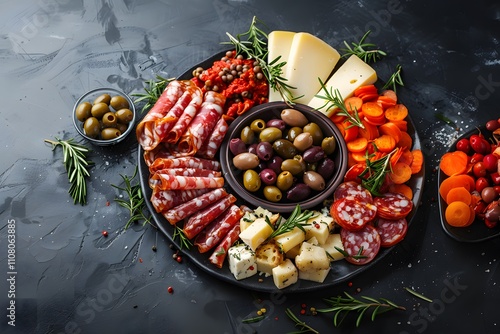 Elegant Charcuterie Board with Assorted Cured Meats, Gourmet Cheeses, Fresh Vegetables, and Mixed Olives on a Dark Rustic Background - Perfect for Entertaining

 photo