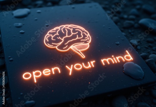 Neon glowing brain with inscription open your mind photo