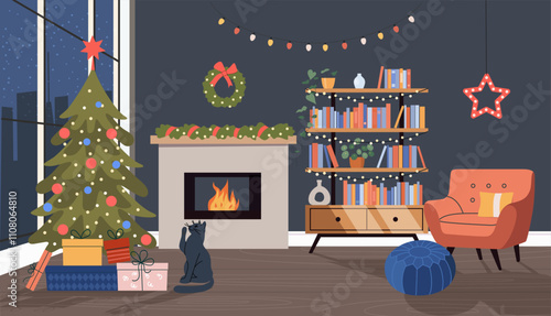 Living room Christmas interior. Santa Claus look at a laptop in the chair. Vector flat  cartoon illustration