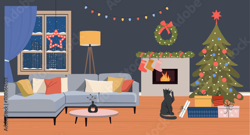 Living room Christmas interior. Comfortable sofa, fireplace, window and Christmas tree. Vector flat cartoon illustration