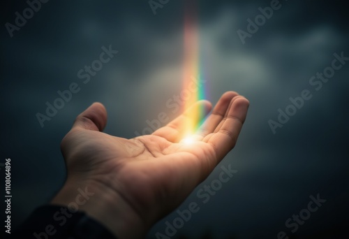 A hand reaching for the sky and a rainbow in the palms photo