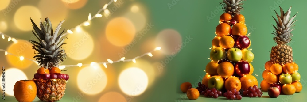 Christmas tree made from stacked apples, oranges, and pineapples. A healthy and vibrant alternative for festive decorations. copy space new year background Christmas tree made from stacked apples, oranges, and pineapples. A healthy and vibrant alternative for festive decorations. copy space new year background