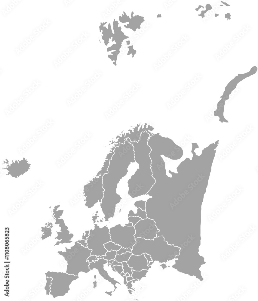 Obraz premium Europe Map Grey, Europe countries, Europe countries Map, Border line of European, Geographic Map