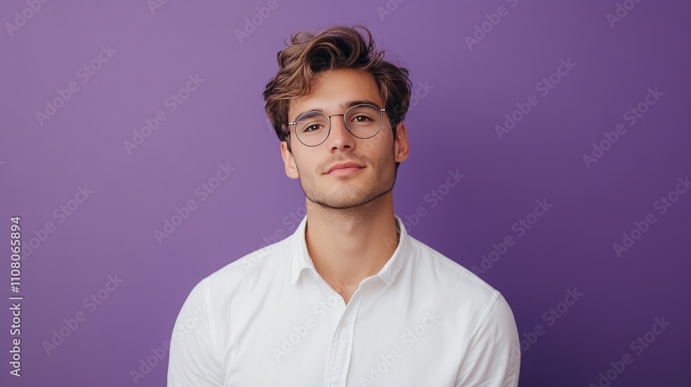 Obraz premium Man with glasses and white shirt on a purple background