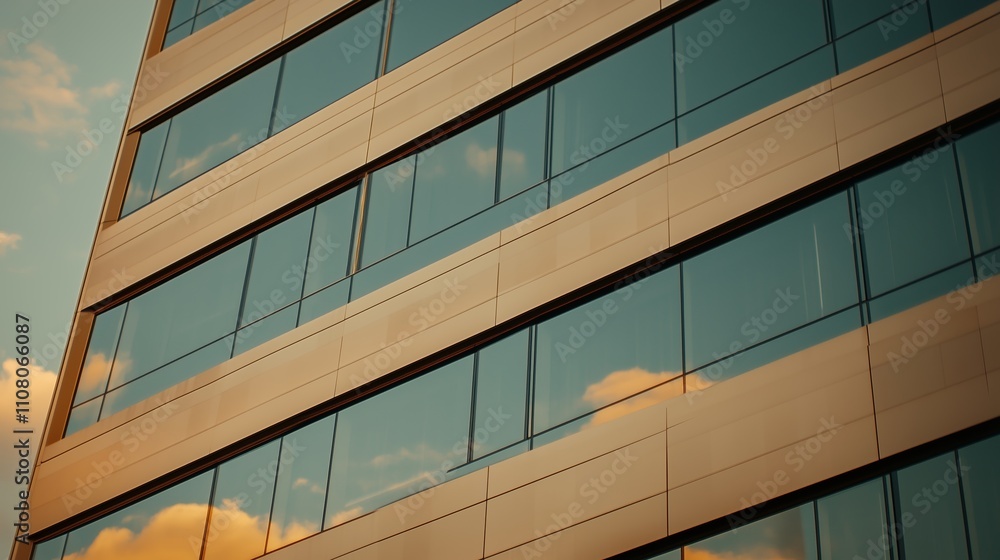 Reflection of clouds in modern office building windows during sunset in an urban setting