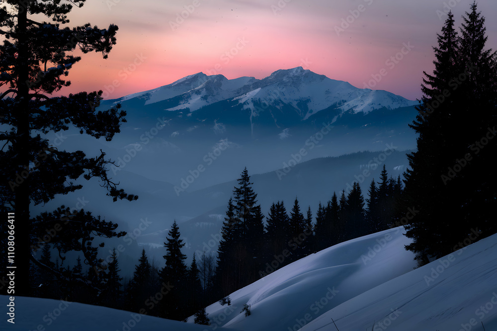 Fototapeta premium Snow covered hills lead to misty mountains under a gradient dawn sky