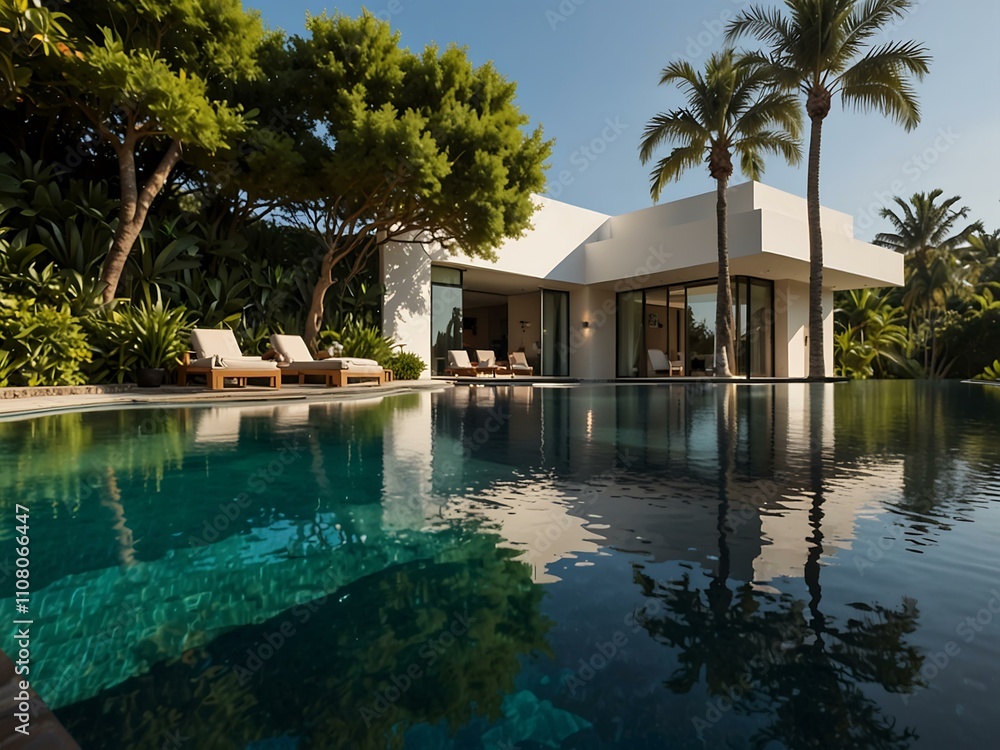Fototapeta premium Opulent villa with infinity pool and lush landscaping.