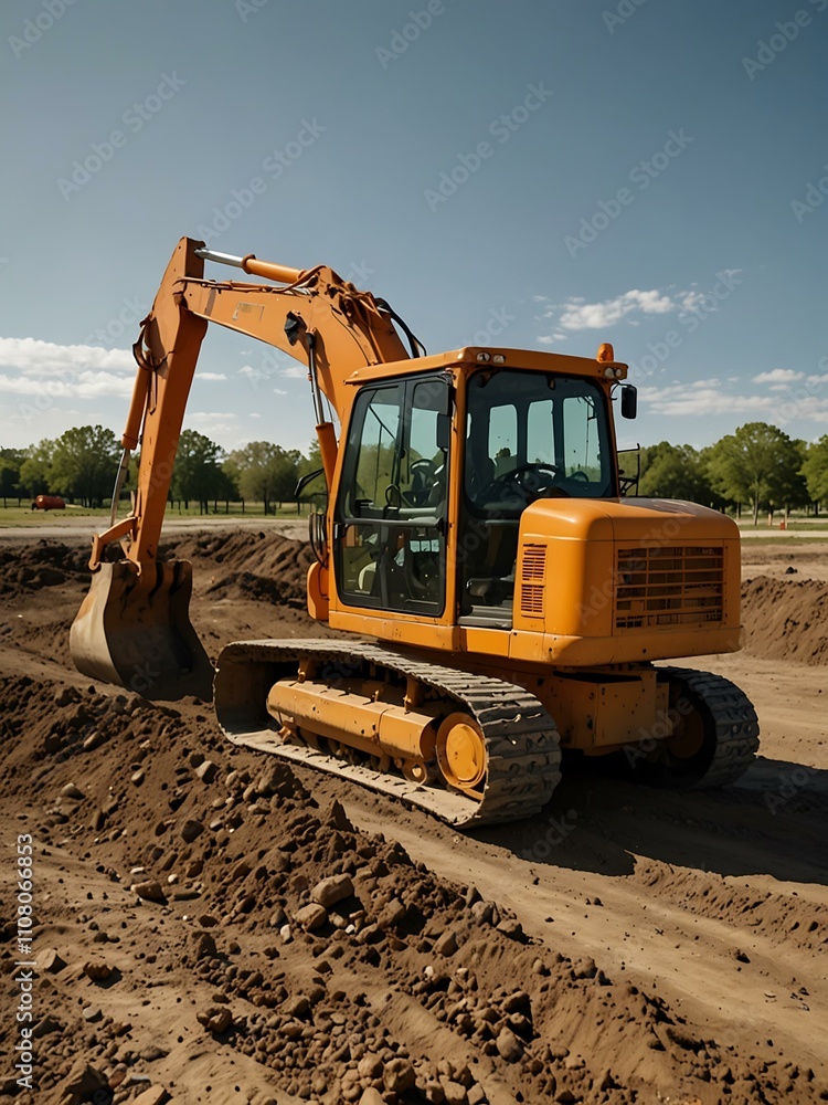 Obraz premium Orange and yellow construction vehicle digging into the ground.