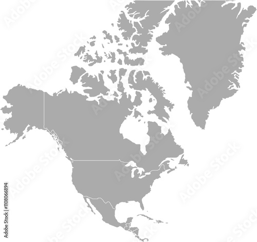 North America MAP in Grey, Country Border, North America Map, Border line of North America, Geographic Map