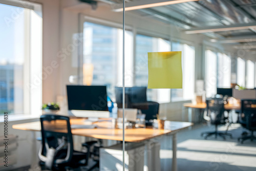 Wallpaper Mural Modern workspace with sticky note, computer, and light filled glass walls blends focus Torontodigital.ca