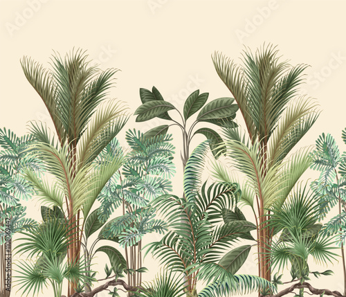 Border with different palm trees. Tropical vector.