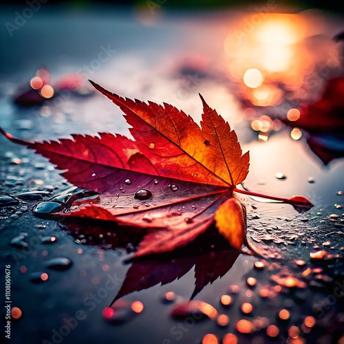 Close-up of vibrant red maple leaves with water droplets on a wet surface during sunset, copy space