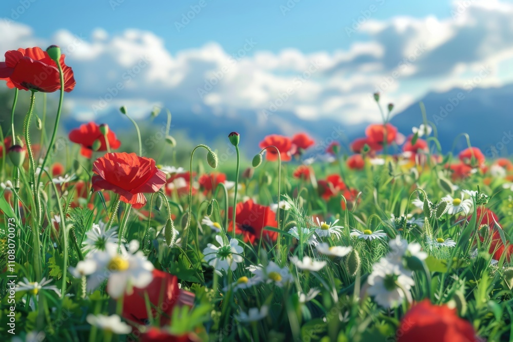 Obraz premium Colorful wildflower meadow with red poppies and white daisies.
