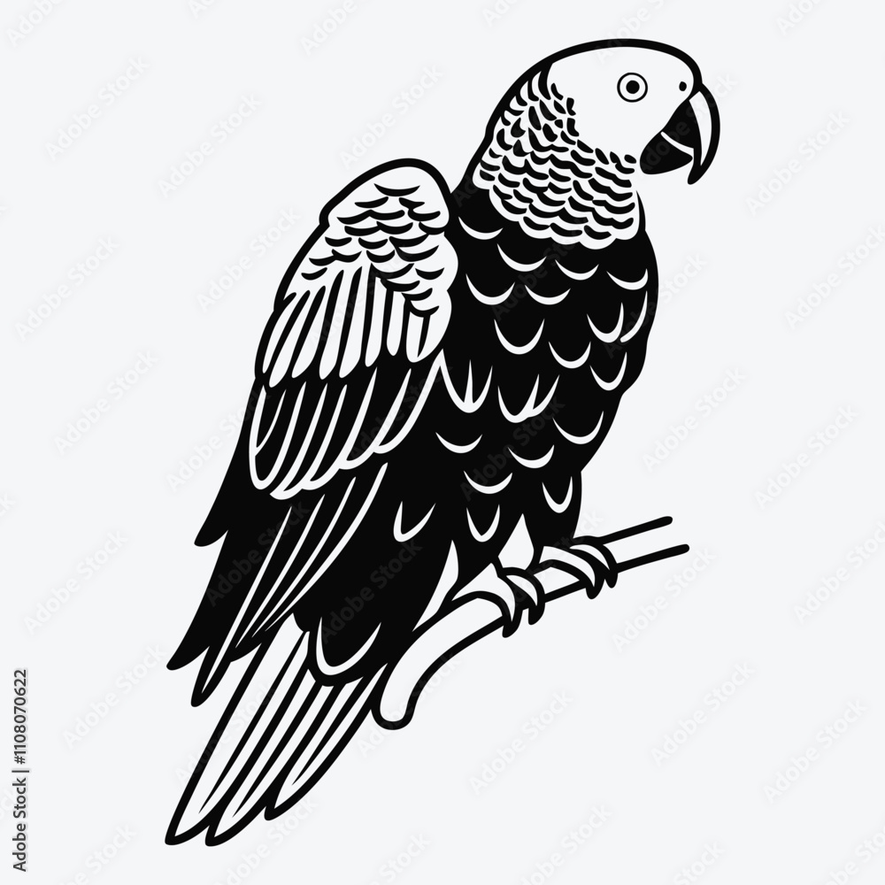 Fototapeta premium African Grey Parrot line art White background illustration Generative Ai