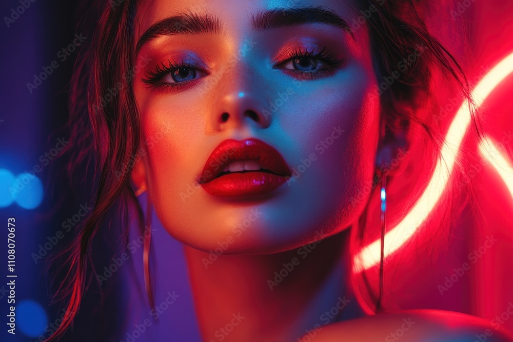 Fototapeta premium Neon Lit Woman Red And Blue Makeup Portrait