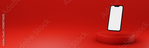 Modern 3D smartphone with blank screen on a pedestal in front of a red backdrop. 