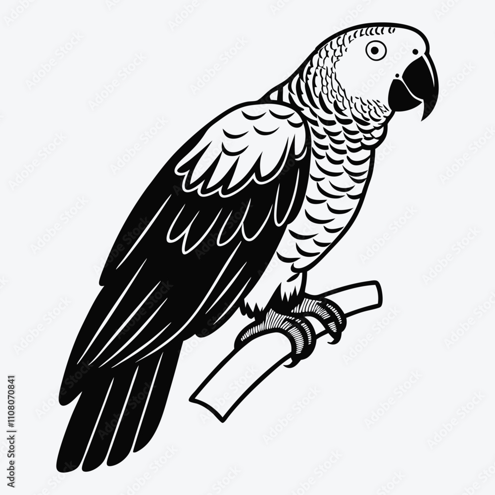 Fototapeta premium African Grey Parrot line art White background illustration Generative Ai