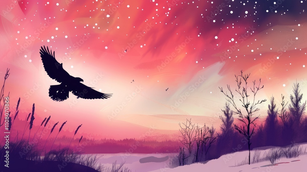 Fototapeta premium A serene landscape featuring a silhouette of a bird against a colorful sky at dusk.
