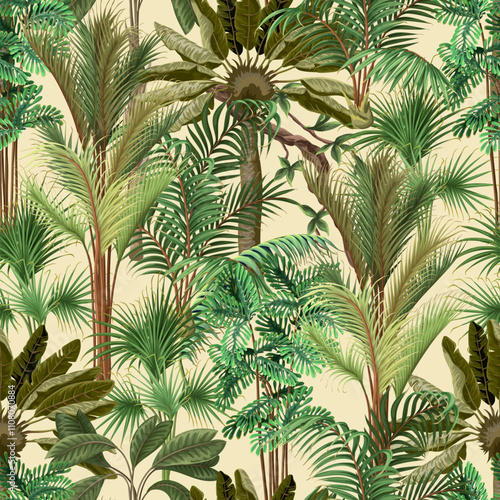 Seamless pattern with different palm trees. Tropical vector.